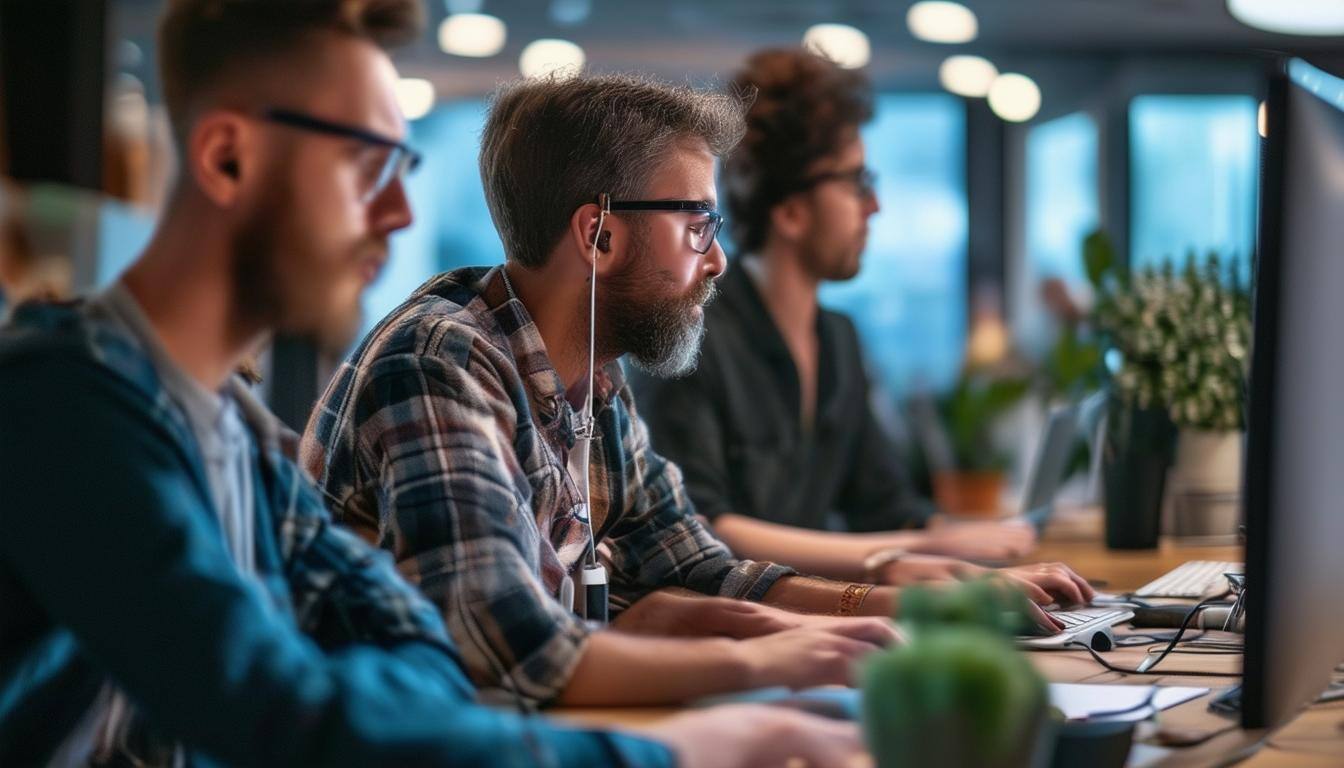 a photo of a team of developers working in a modern office a photo of a team of developers working in a modern office